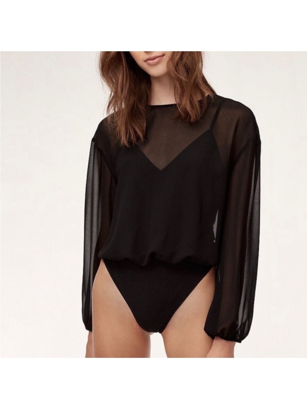 Wilfred Sheer Long-Sleeve Olive Green Bodysuit Top